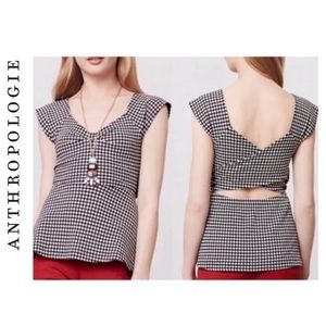 ANTHROPOLOGIE Deletta Criss-Cross-Back Peplum Top Black White Checkered Size XS